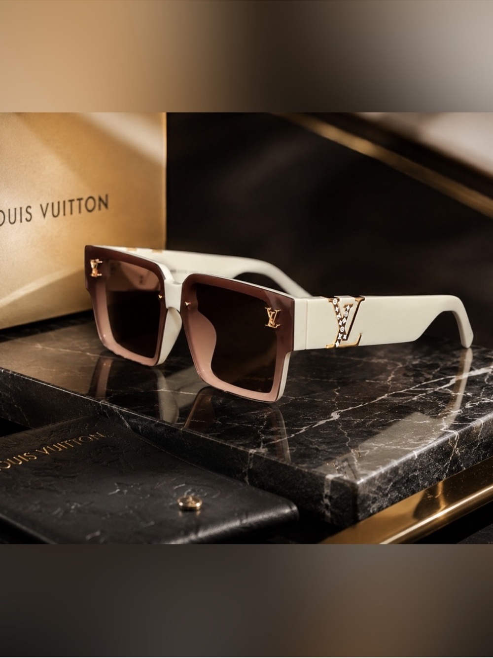Luxury LV White and Brown Square Sunglasses